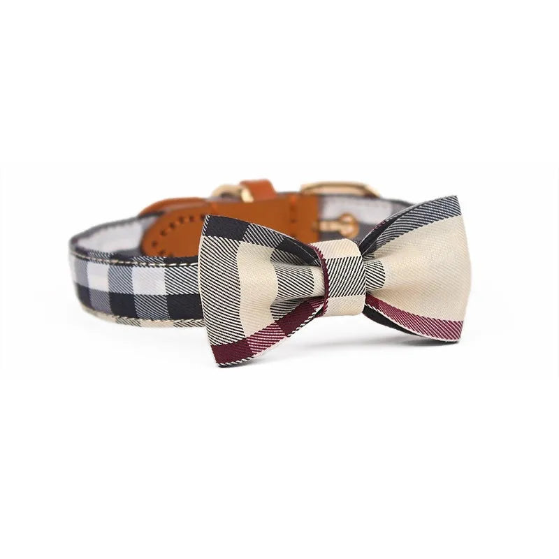 Pet tie collar with drawable mesh bow and leather stitching in Classic Khaki, Bordeaux Red or Rhine Blue, sizes XS M S