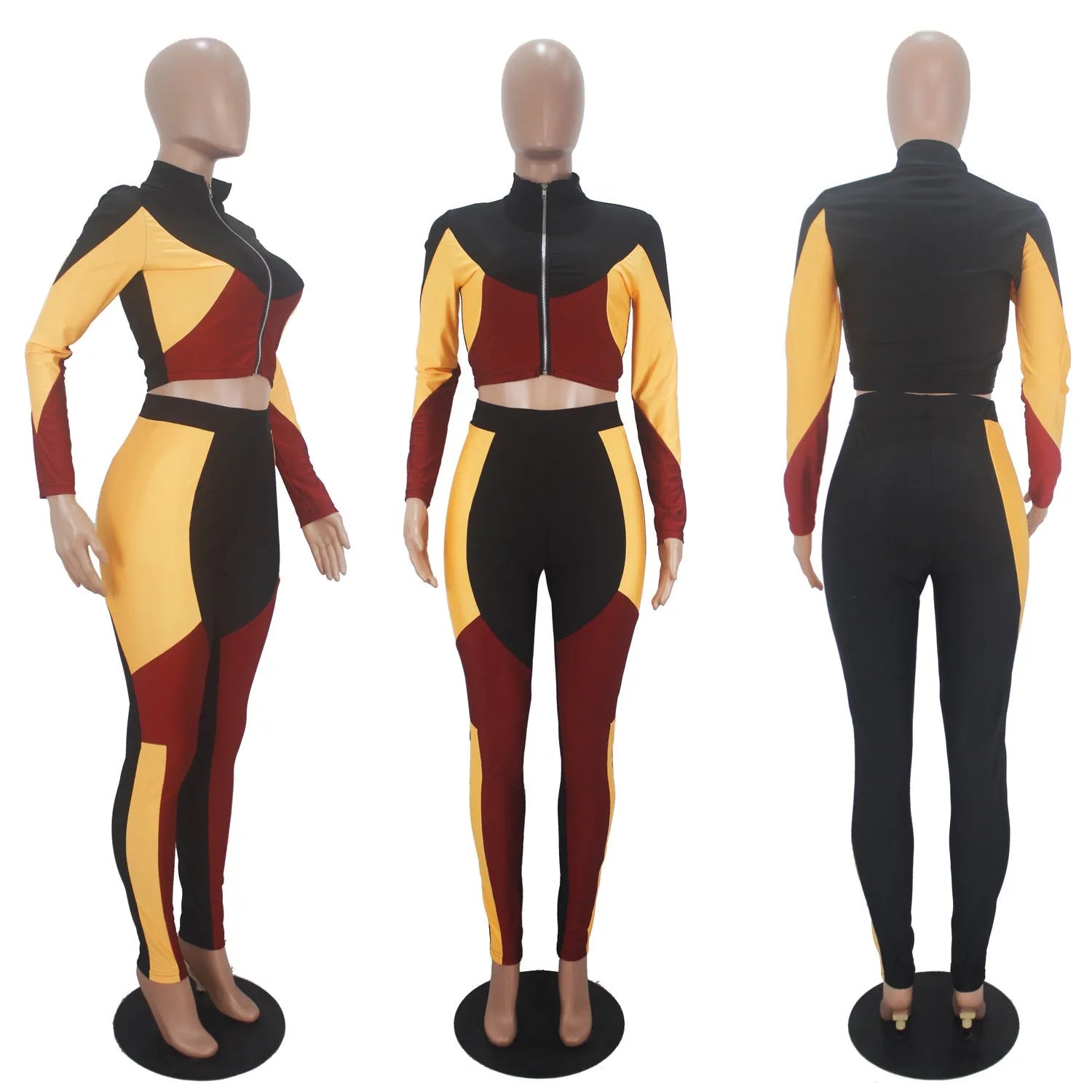 Women's three-color stitching long-sleeved sports two-piece suit in solid colour elastic satin polyester