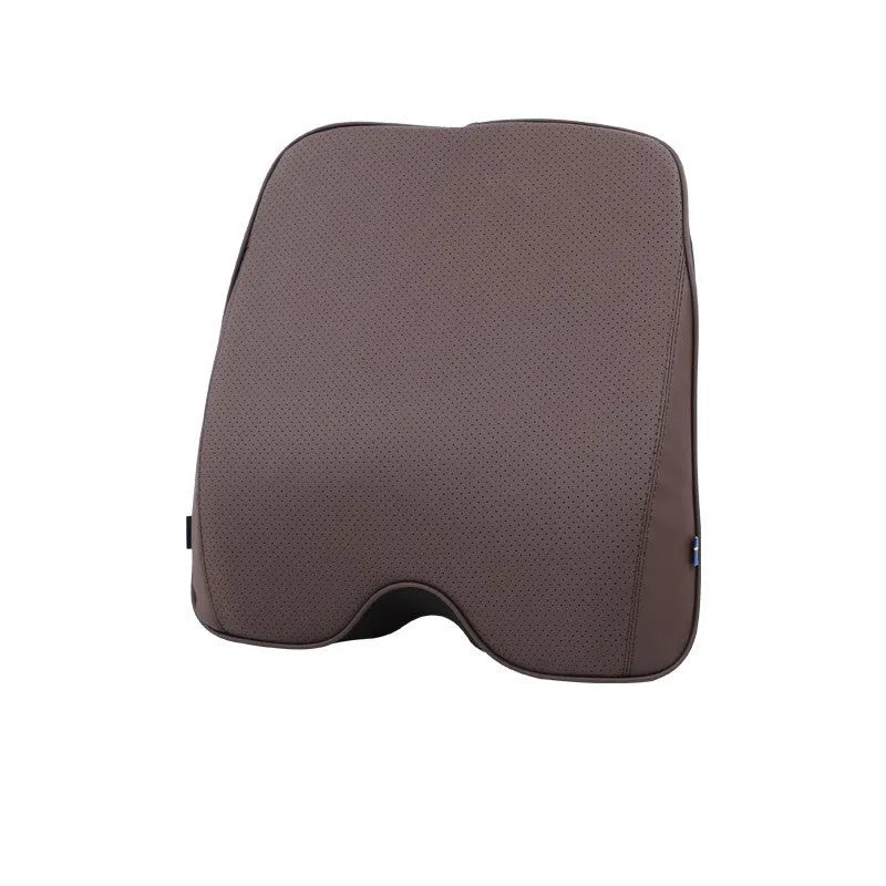 Minimalist brown car headrest with integrated neck pillow and lumbar support cushion.