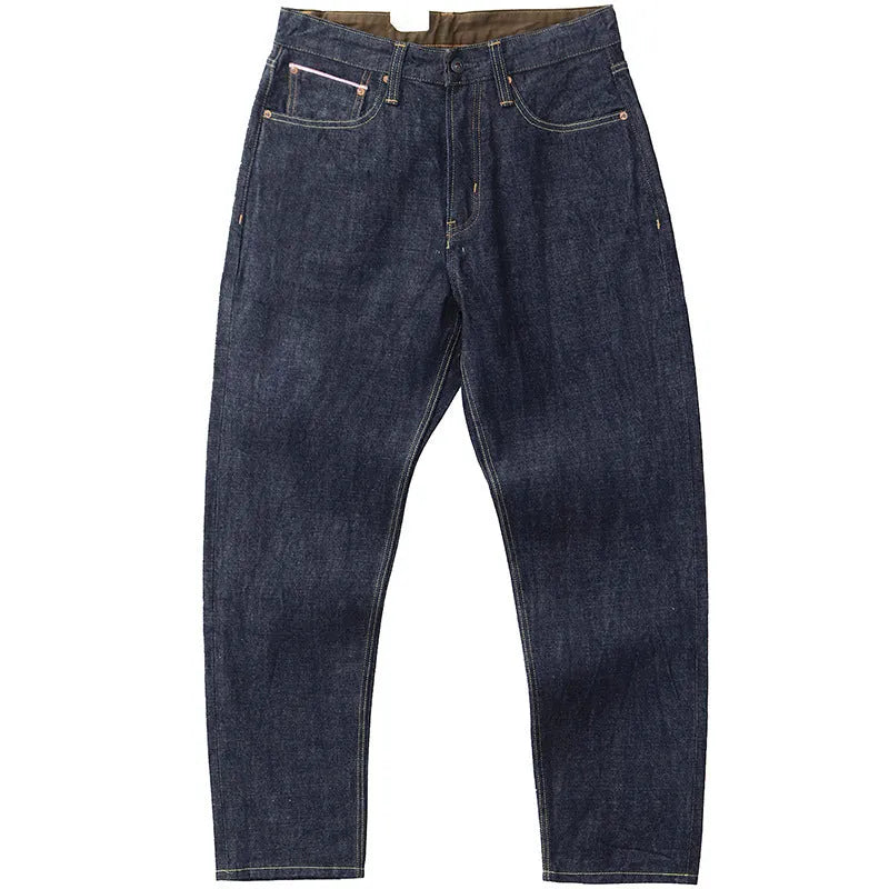 Men's high waist thickened denim trousers in dark indigo, long length, cotton denim, sizes 29-36