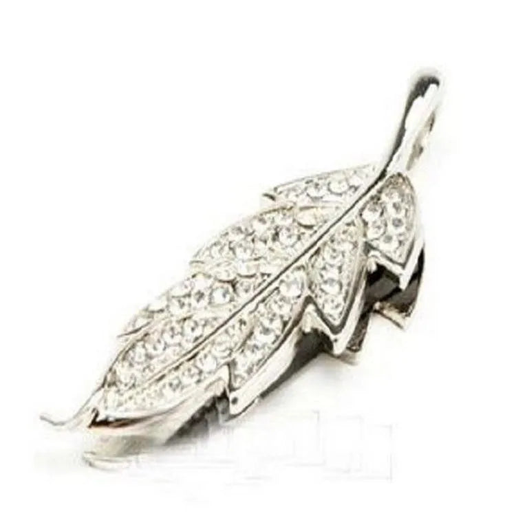Silver metal USB flash drive with a crystal maple leaf decoration showing front and side views.