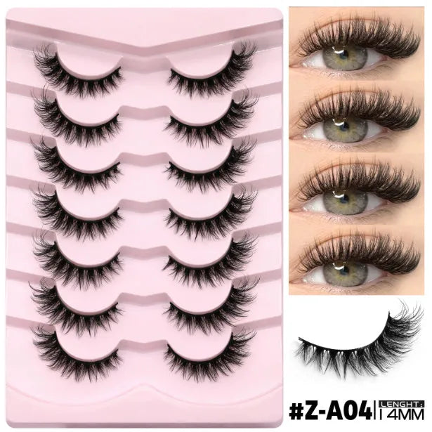 Box of natural false eyelashes showing six style variations with adhesive glue
