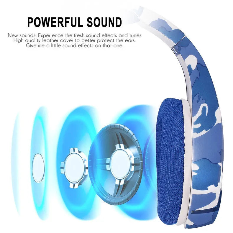 Camouflage blue wired gaming headset with 40mm drivers and braided cable