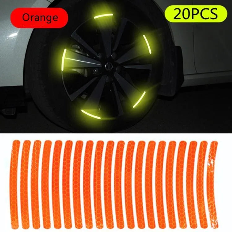20-piece car wheel hub reflective stickers in multiple colours with arc pattern for tyre warning labels