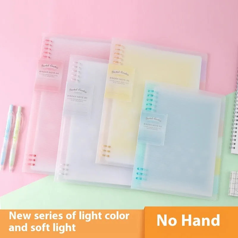 Refillable A5 and B5 spiral notebook with PP cover, shown in pastel cookie blue and plaid impression designs with loose-leaf paper.