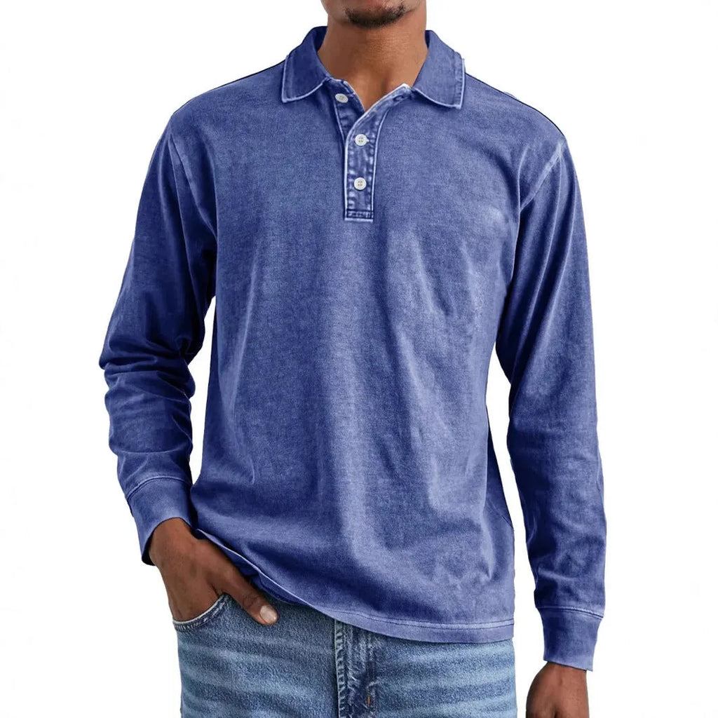 Men's retro washed distressed cotton long sleeve polo shirt with a pointed lapel collar