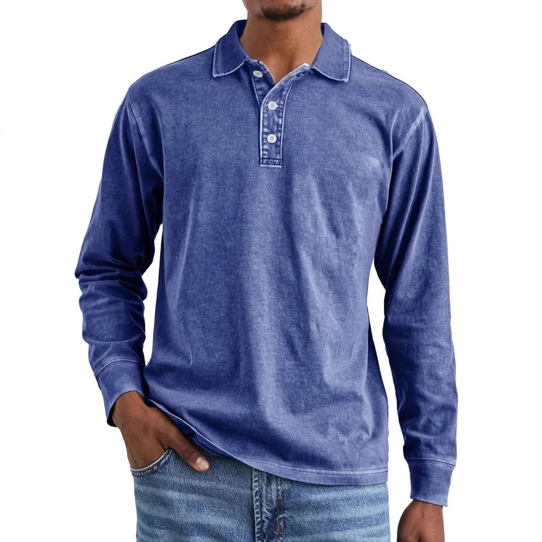 Men's retro washed distressed cotton long sleeve polo shirt with a pointed lapel collar
