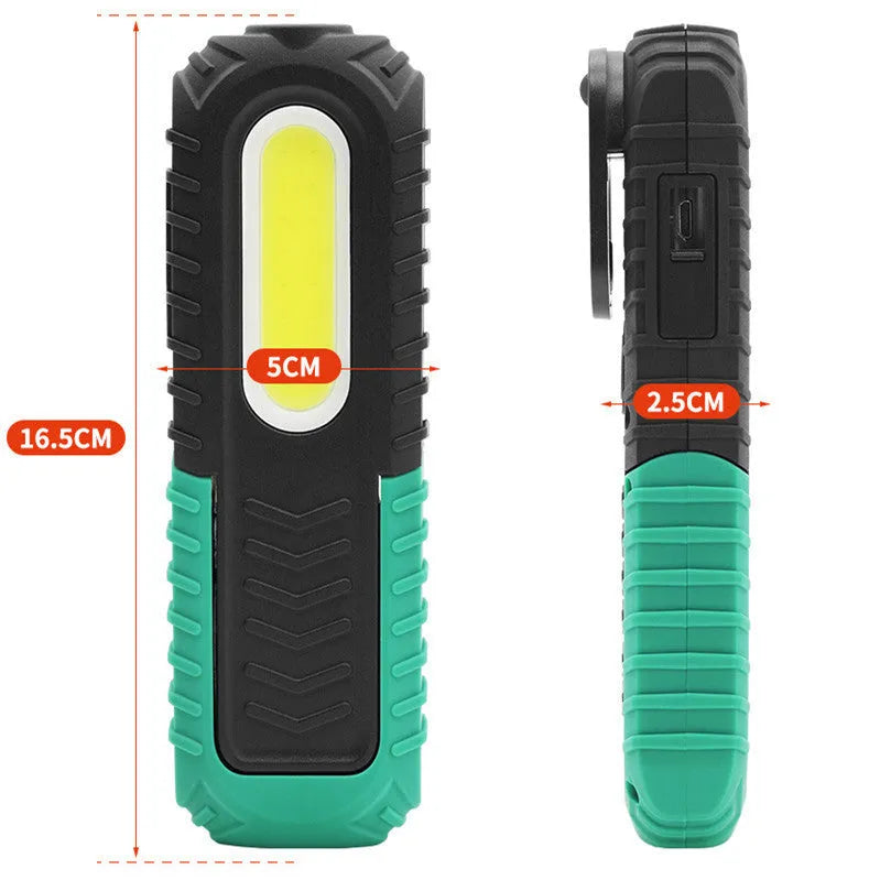 Black and green auto repair work light with USB cable for charging vehicle inspections