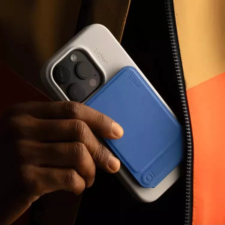 Black MOVAS leather magnetic phone holder case showing dimensions 96.5mm by 63.5mm.
