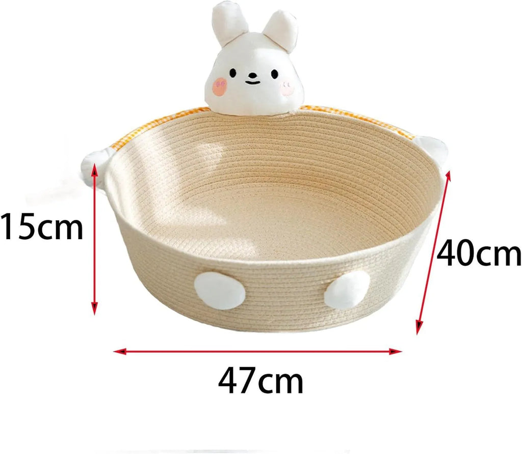 Cotton rope woven cat bed and scratching board in rabbit design showing basket shape with integrated scratching surface