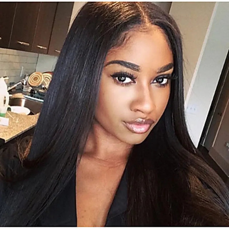 Long straight synthetic wig with centre-parted bangs in black colour for face shape modification