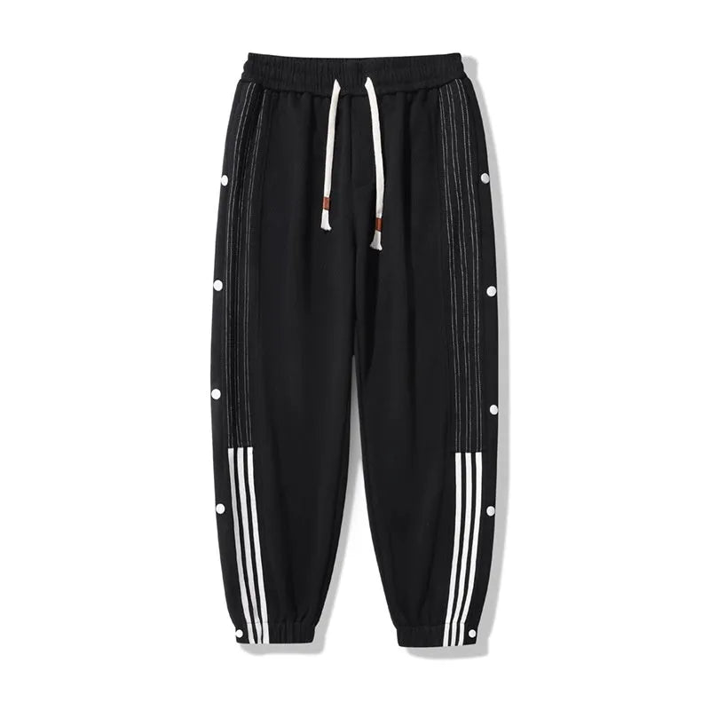 Men's loose grey sweatpants with ankle ties and a drawstring waist