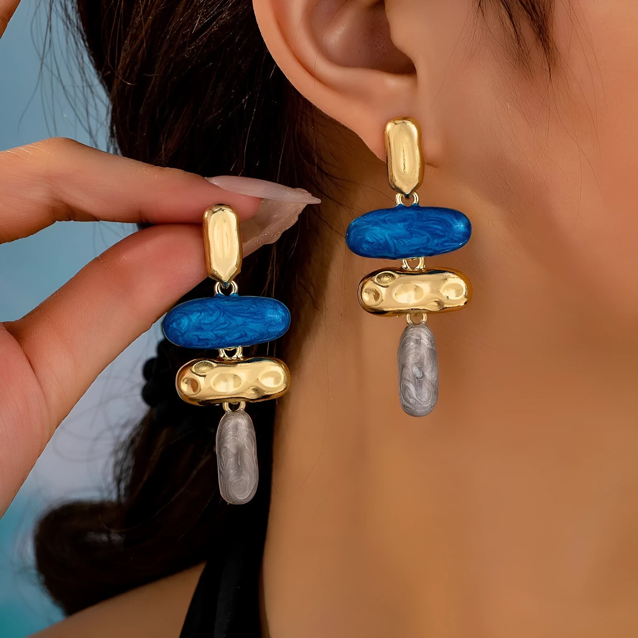 Geometric zinc alloy stud earrings with electroplated finish in multiple colour options