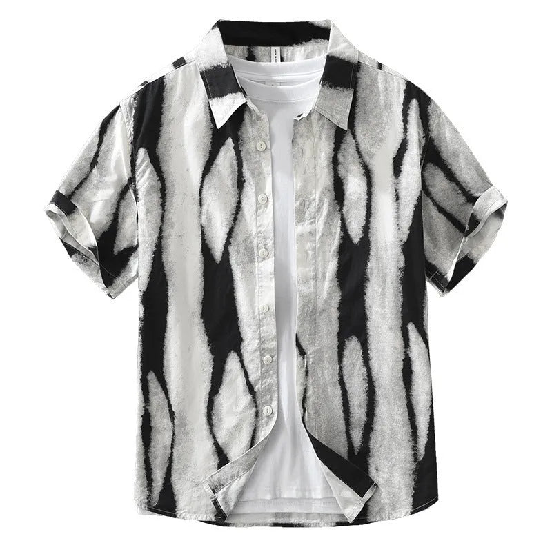 Men's black retro striped cotton short sleeve shirt with loose cardigan fit
