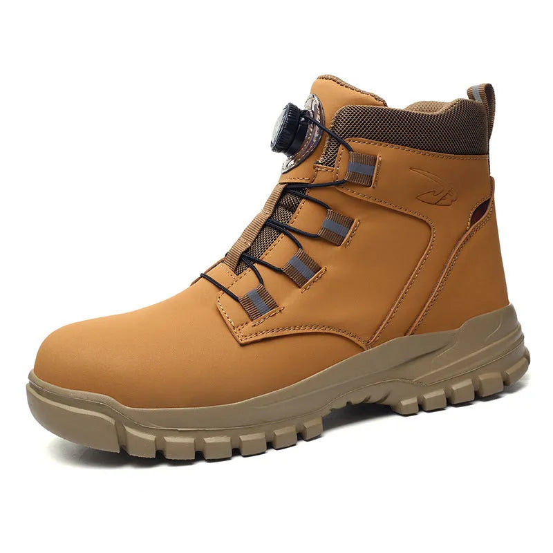 Leather upper labour protection shoes with rubber sole in black, shown on a size chart.