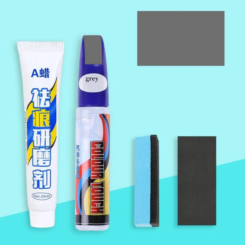 Automotive scratch repair kit showing touch-up paint pen, wax tube, sandpaper, and sponge for car paint touch-up.