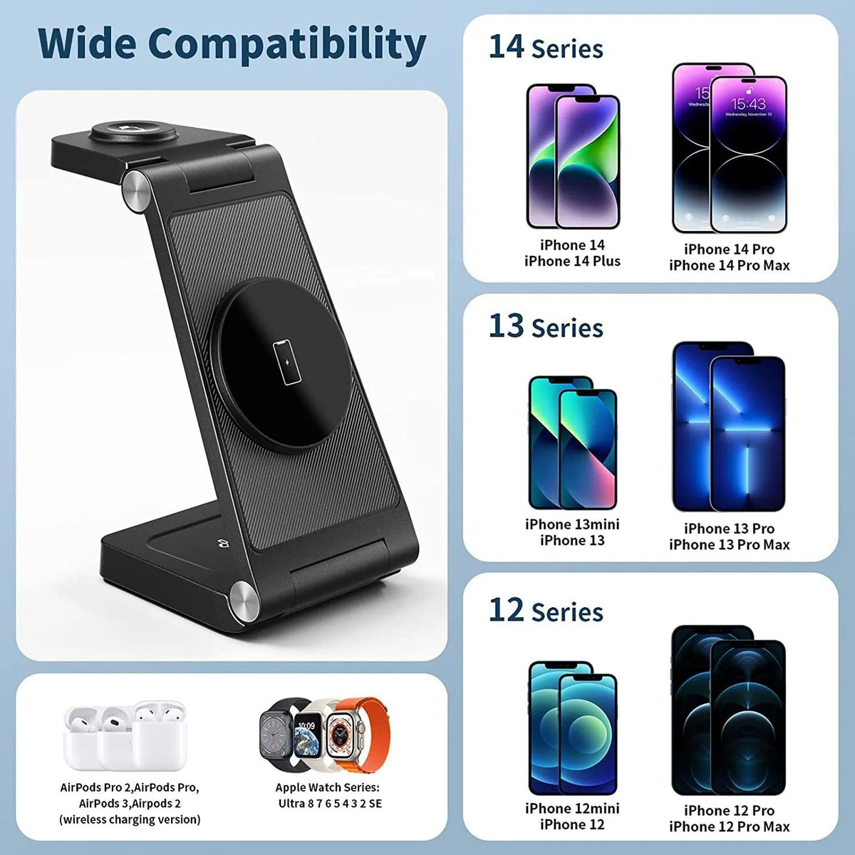 Vertical folding magnetic three-in-one wireless charger in black or white with US charging head and cable