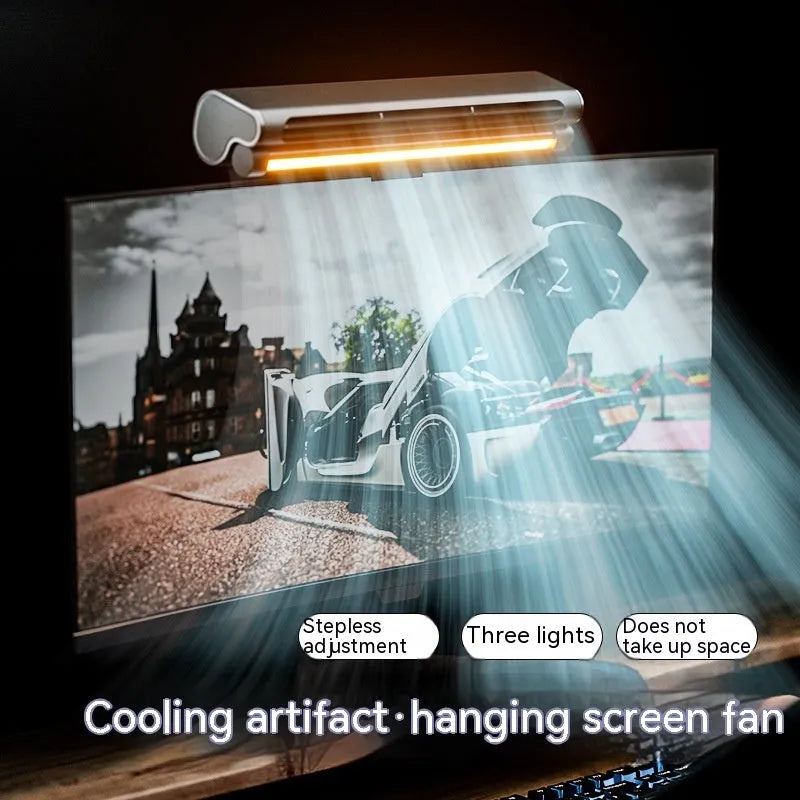 Black bladeless USB desk fan with clip-on screen attachment and adjustable LED lighting lamp