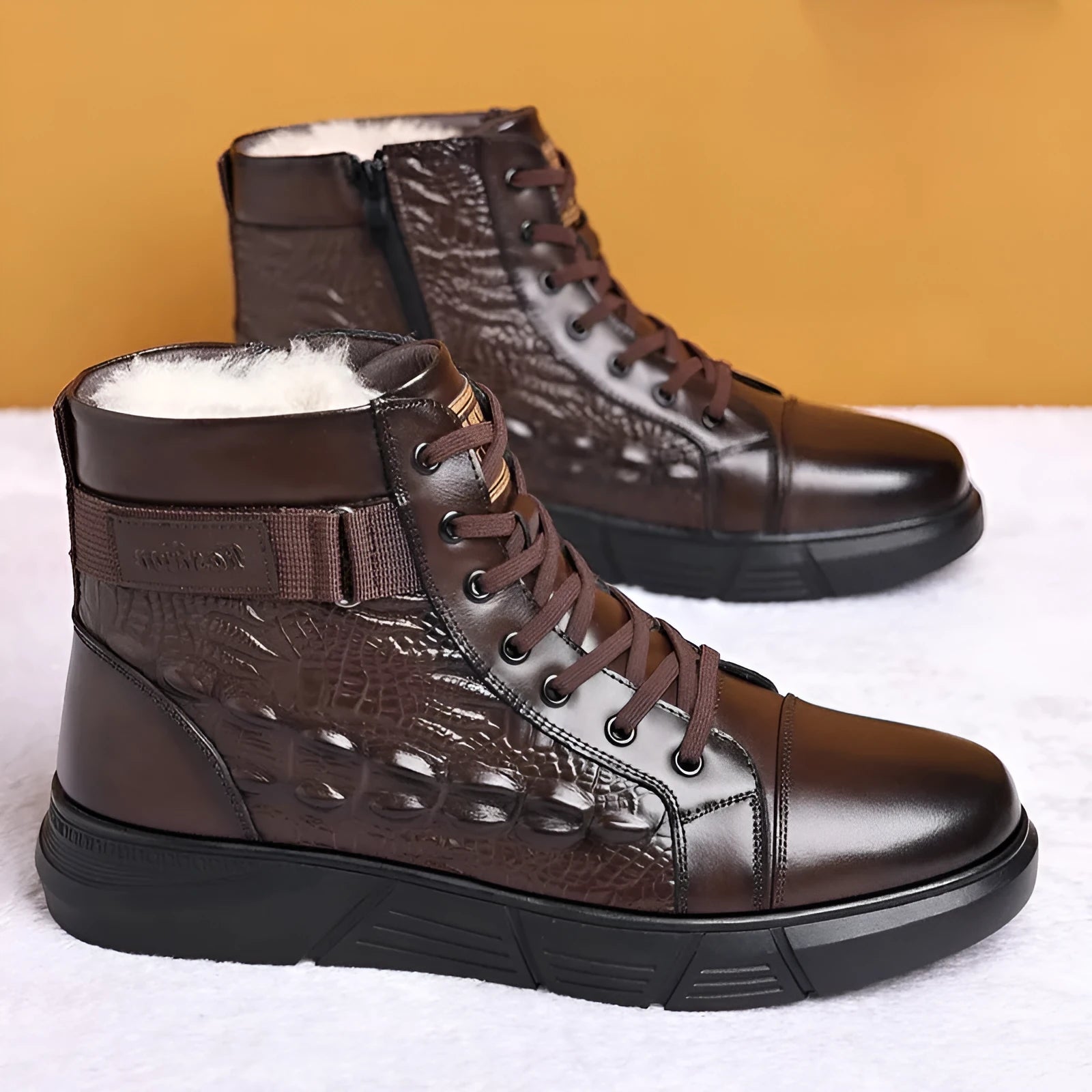 Women's black genuine leather snow boots with fur lining and velvet trim, front lace-up design