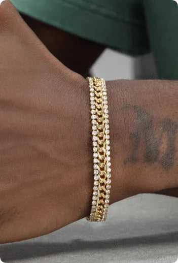 Gold-plated titanium steel tennis bracelet with artificial gemstone inlay in hip hop style