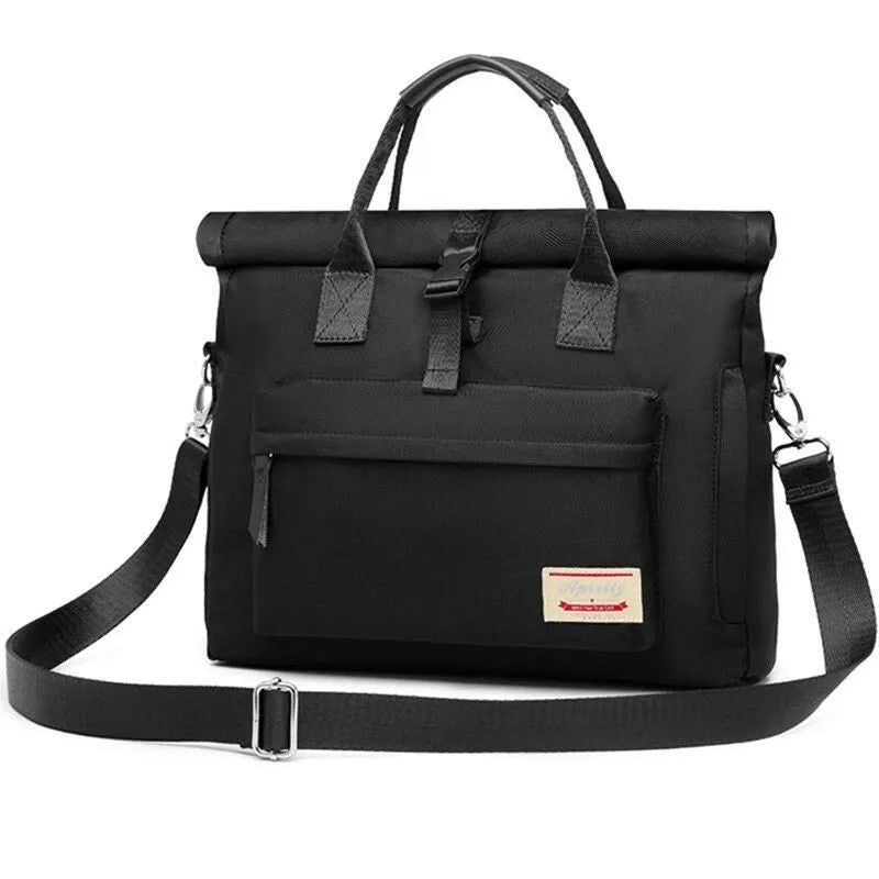 Shockproof anti-drop laptop bag in waterproof nylon shown in starry black colour with size dimensions displayed