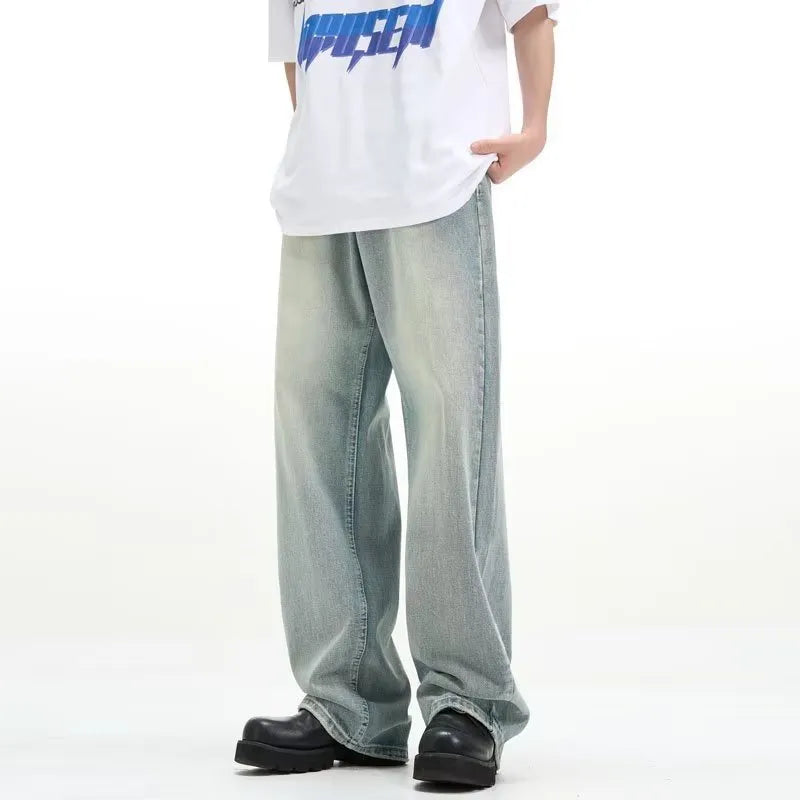 Blue loose-fit rabbit fur retro jeans with an elastic waistband on a neutral background.