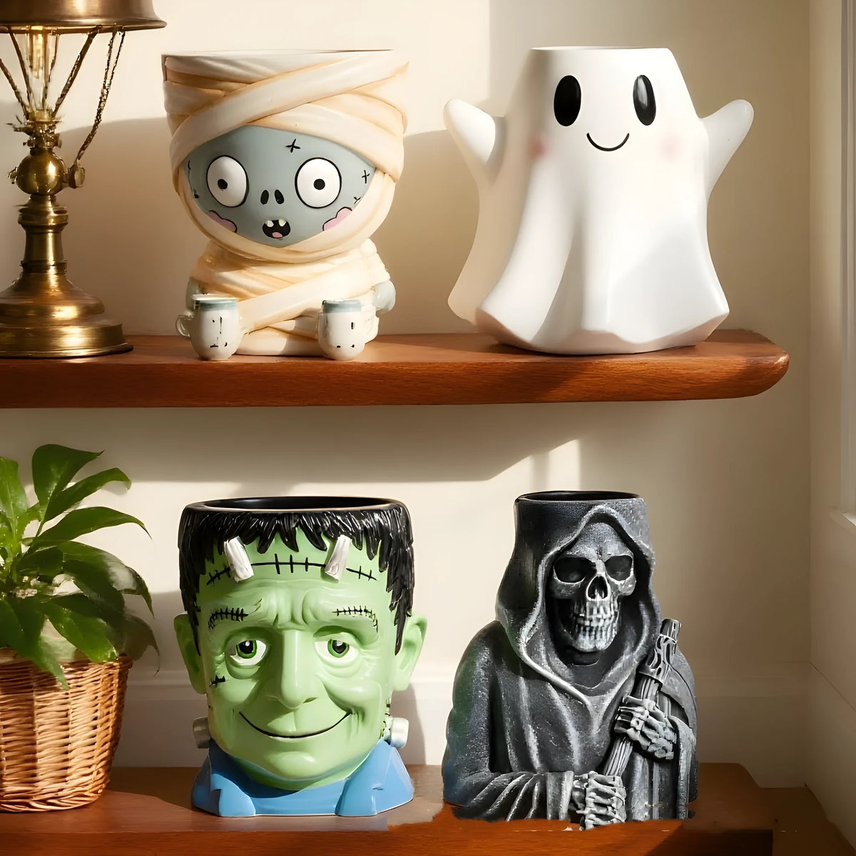 Halloween cartoon character resin flower pot decorations in four monster designs