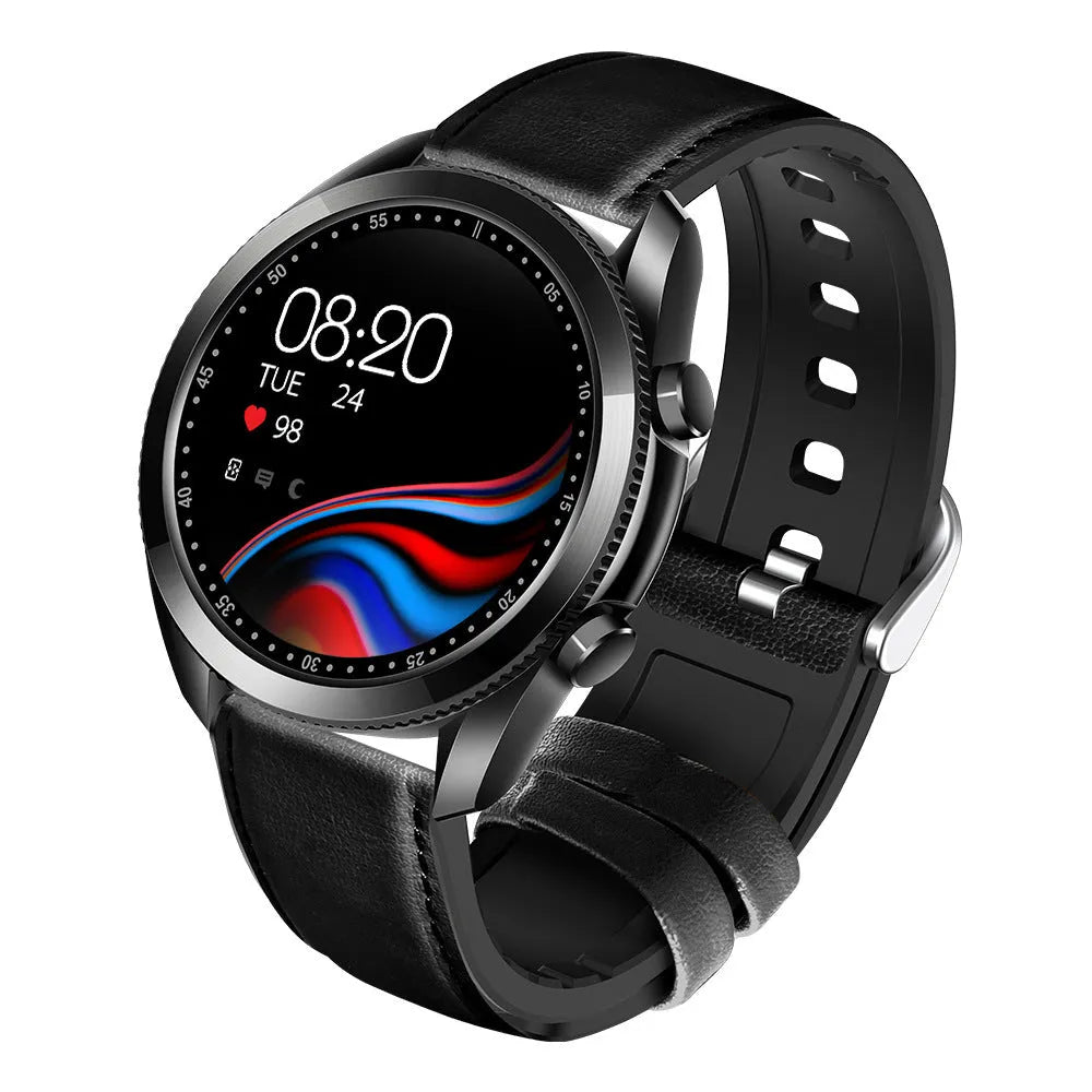 UM90 smartwatch with metal case, leather strap, showing large screen displaying fitness data