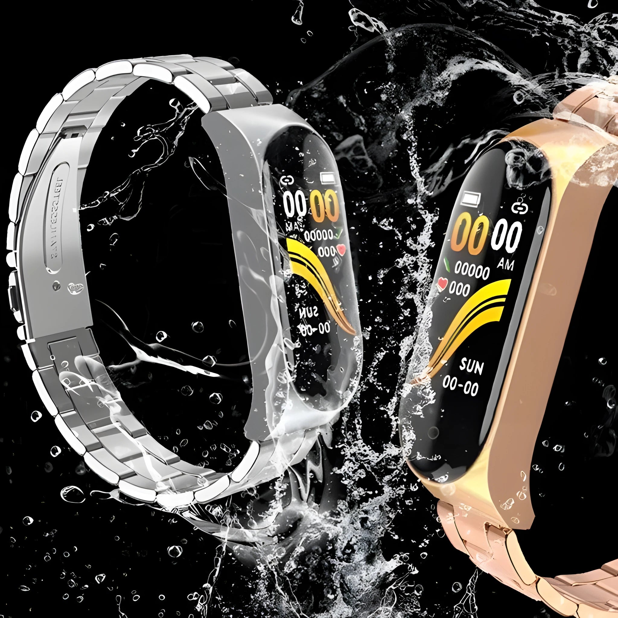 Smart bracelet with heart rate and blood pressure monitor stainless steel wristband in black