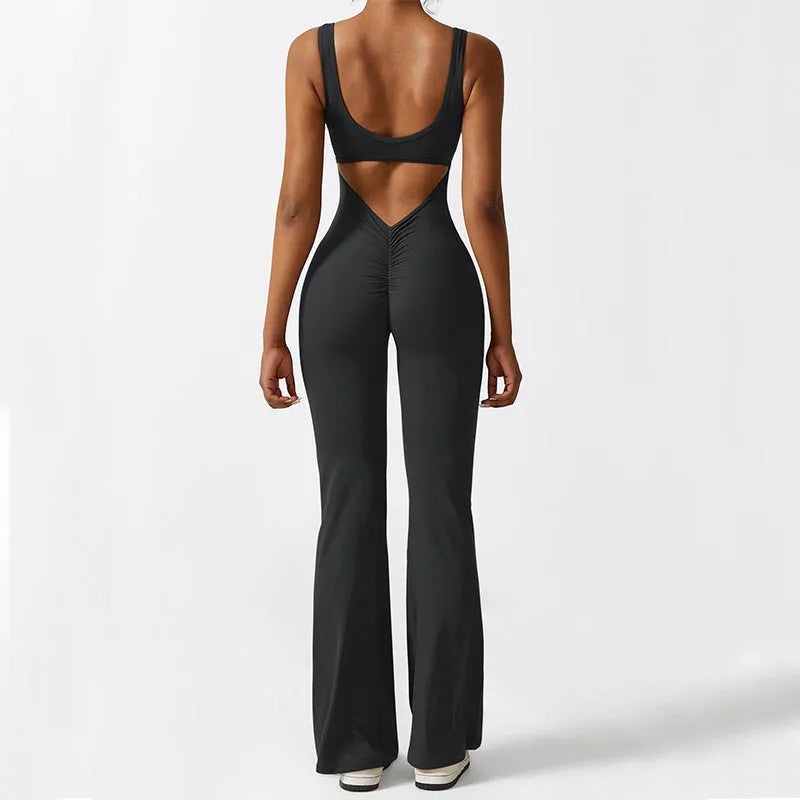 Women's sleeveless flare jumpsuit yoga pants in high elasticity polyester fabric