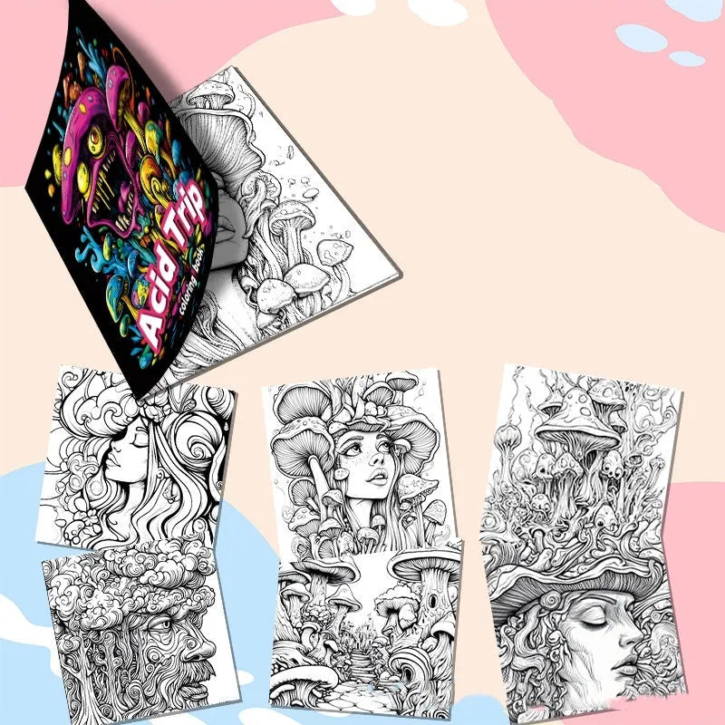 Acid tour coloured painting book showing 200mm length, open to reveal blank paper pages for drawing