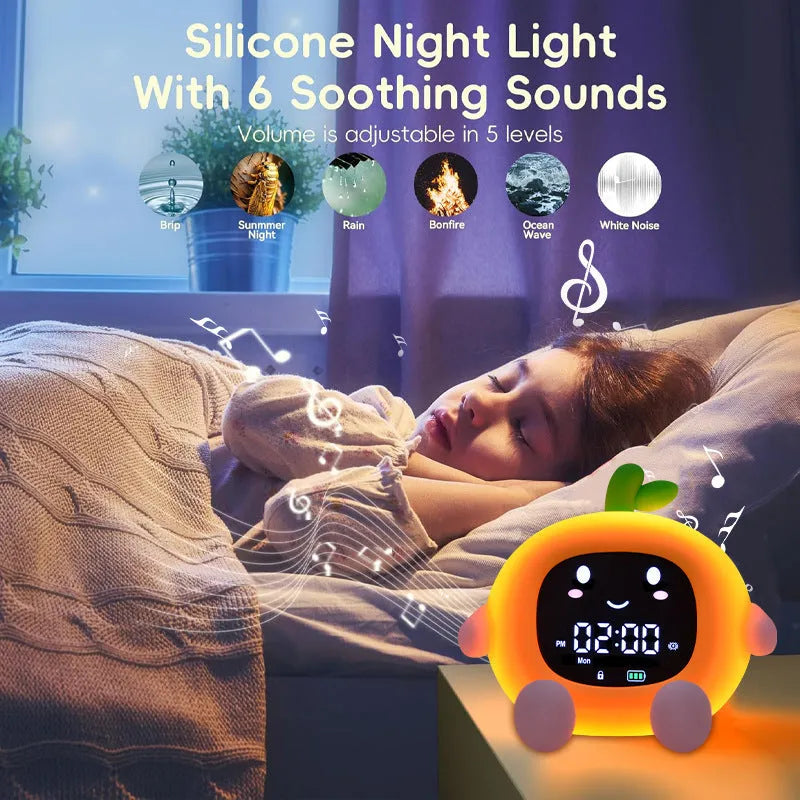 Cartoon lychee alarm clock with white noise and phone holder in silicone shell, over 15mm thick, litchi colour