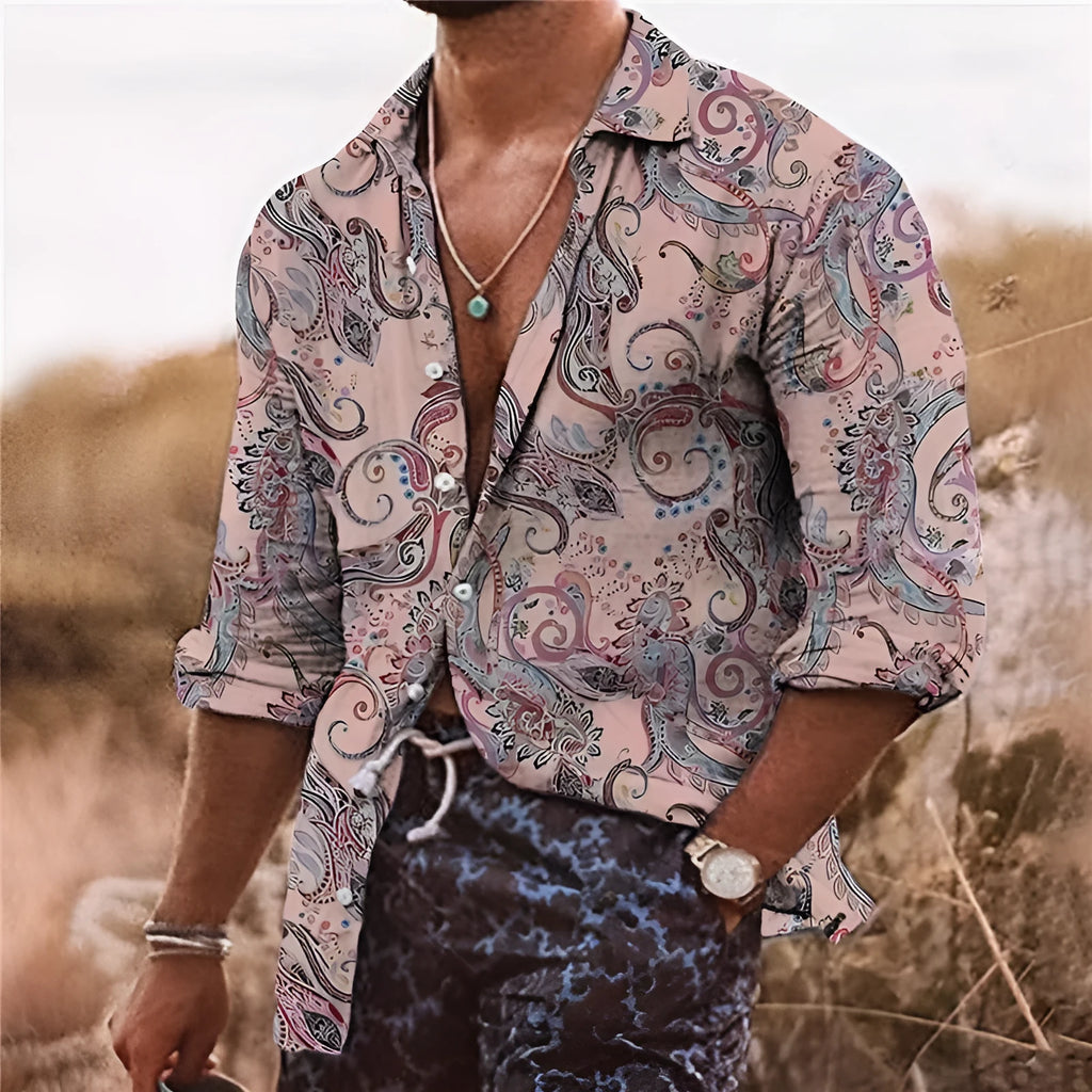 Men's loose-fit long sleeve shirt with a colourful bohemian style 3D floral pattern print.