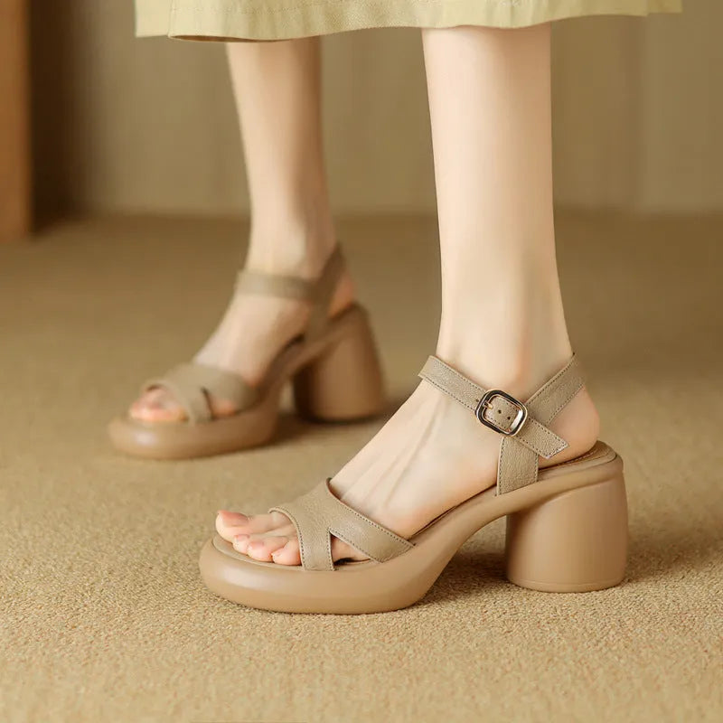 Women's open toe platform sandals in beige colour with rubber sole and microfiber upper