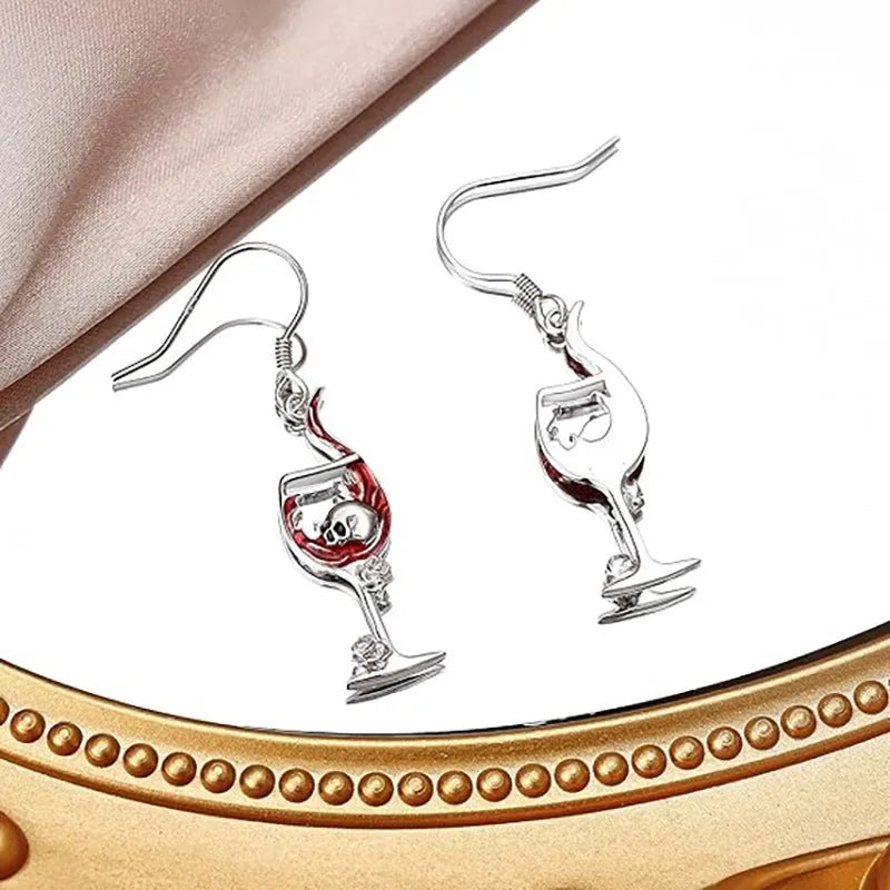 Halloween skull wine glass earrings with geometric design and zinc alloy construction