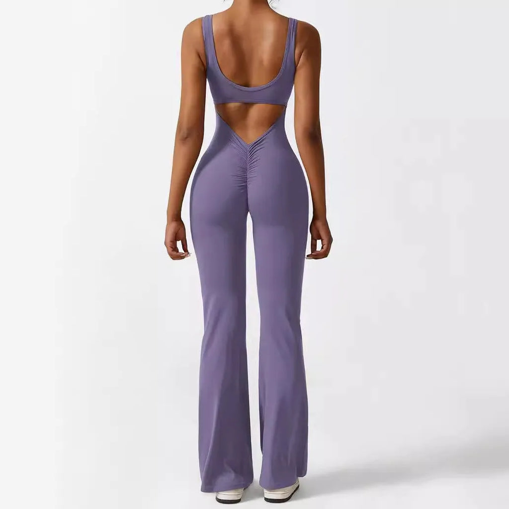 Women's sleeveless flare jumpsuit yoga pants in high elasticity polyester fabric