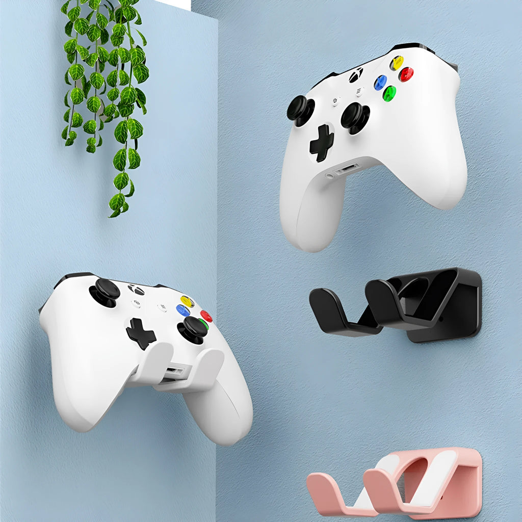Black plastic ABS game controller wall rack with X-handle design mounted without drilling