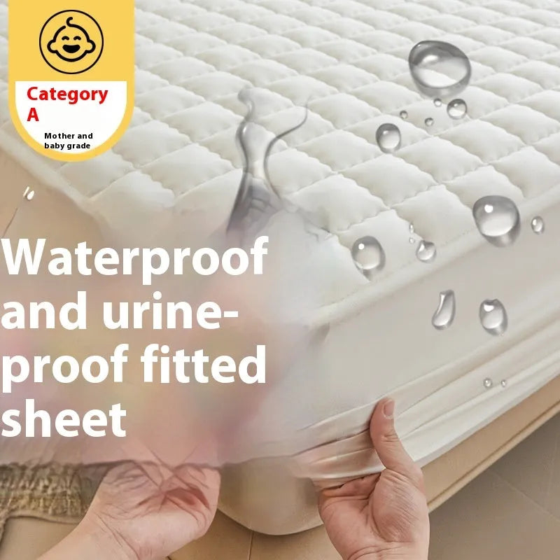 Waterproof washed cotton fitted sheet for bed protection in blue, shown on a UK double mattress.