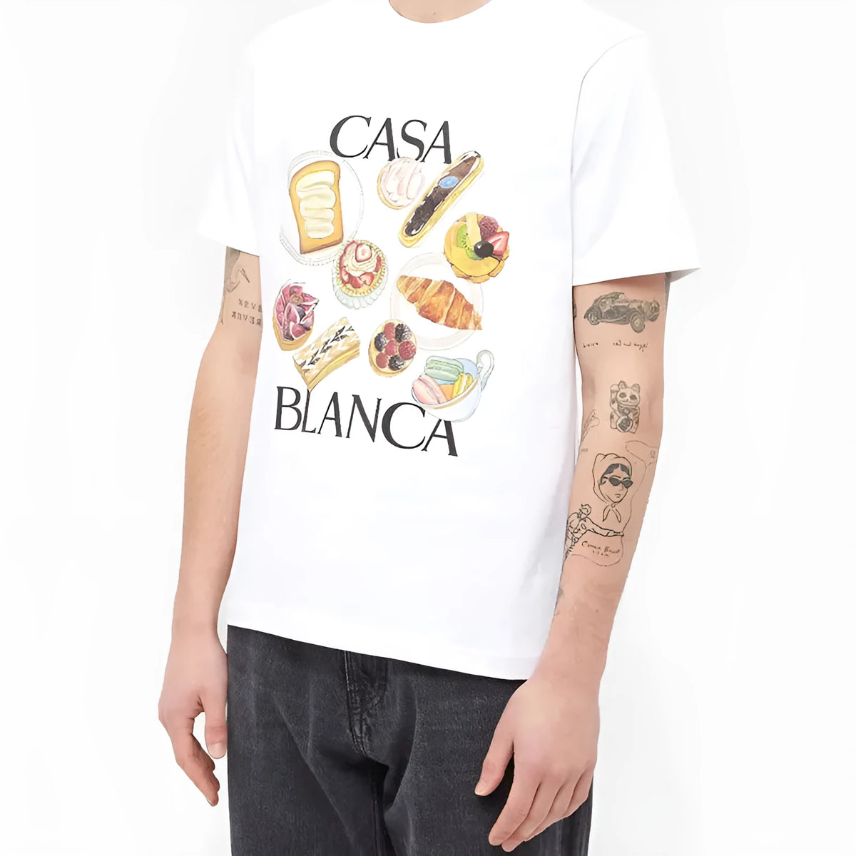 White short sleeve T-shirt with afternoon tea and hamburger print, stripe pattern, loose linen top in S M L XL