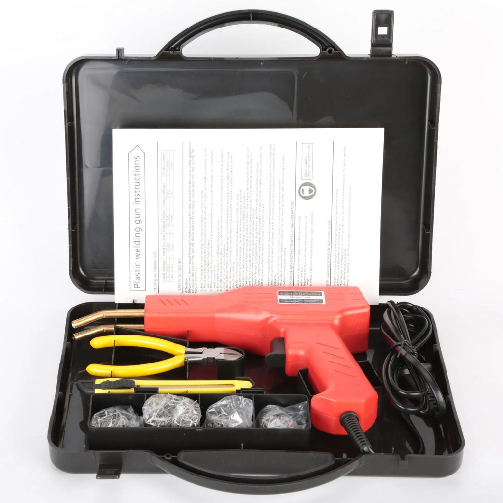 Red plastic welding gun host with pure copper transformer, 4 types of nails, pliers knife and black plastic box for bumper repair