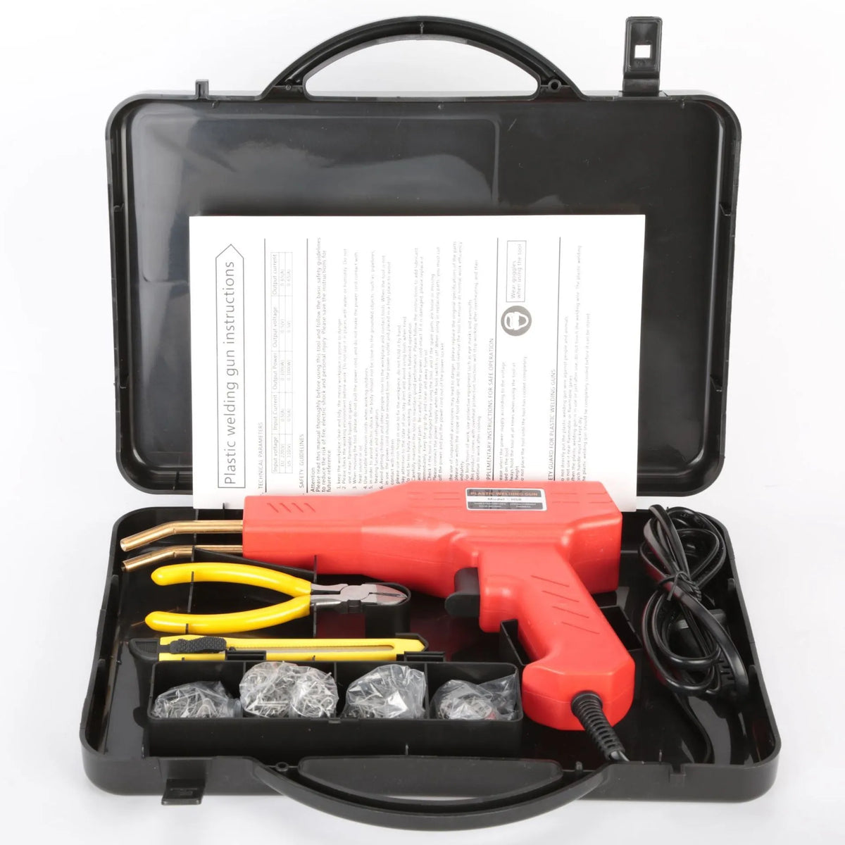 Red plastic welding gun host with pure copper transformer, 4 types of nails, pliers knife and black plastic box for bumper repair