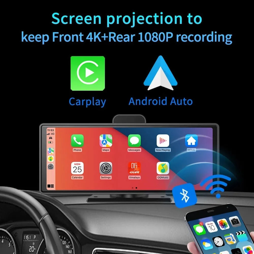 10.26-inch touch screen car dash cam with front and rear cameras for dual recording and Carplay integration