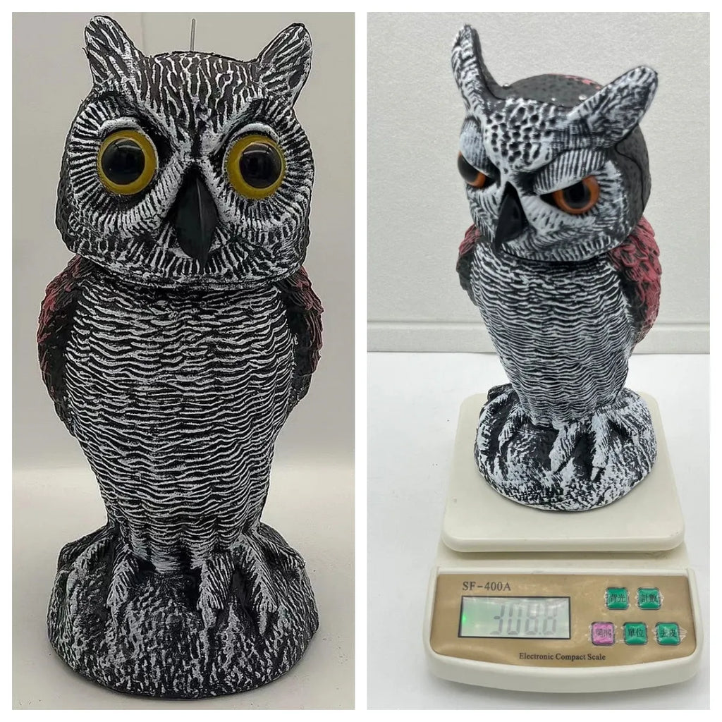 PE plastic artificial owl decoy ornament for scaring birds outdoors, shown in packaging.