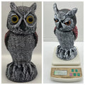 PE plastic artificial owl decoy ornament for scaring birds outdoors, shown in packaging.