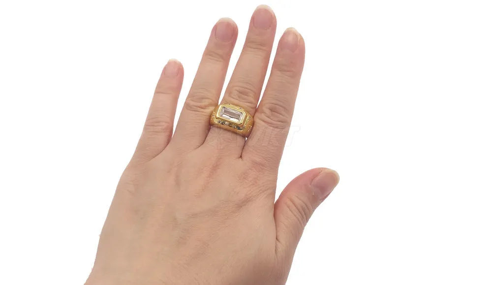 Gold and silver colour copper open ring with rectangular zircon inlay and drop-shaped double ring design