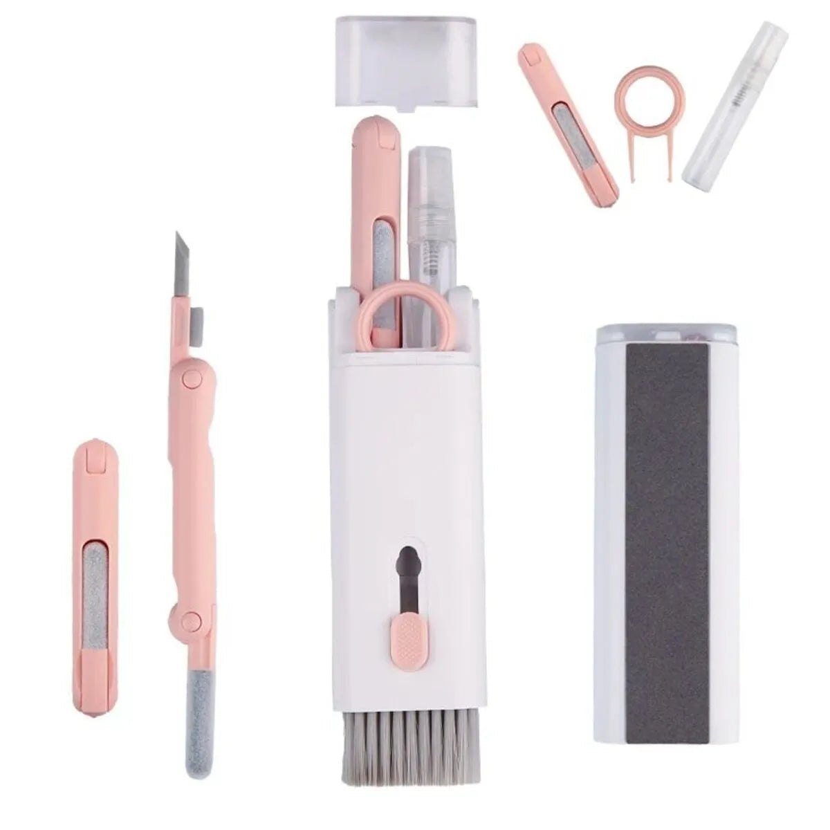 7-in-1 computer keyboard cleaner brush kit with earphone cleaning pen and keycap puller on blue background