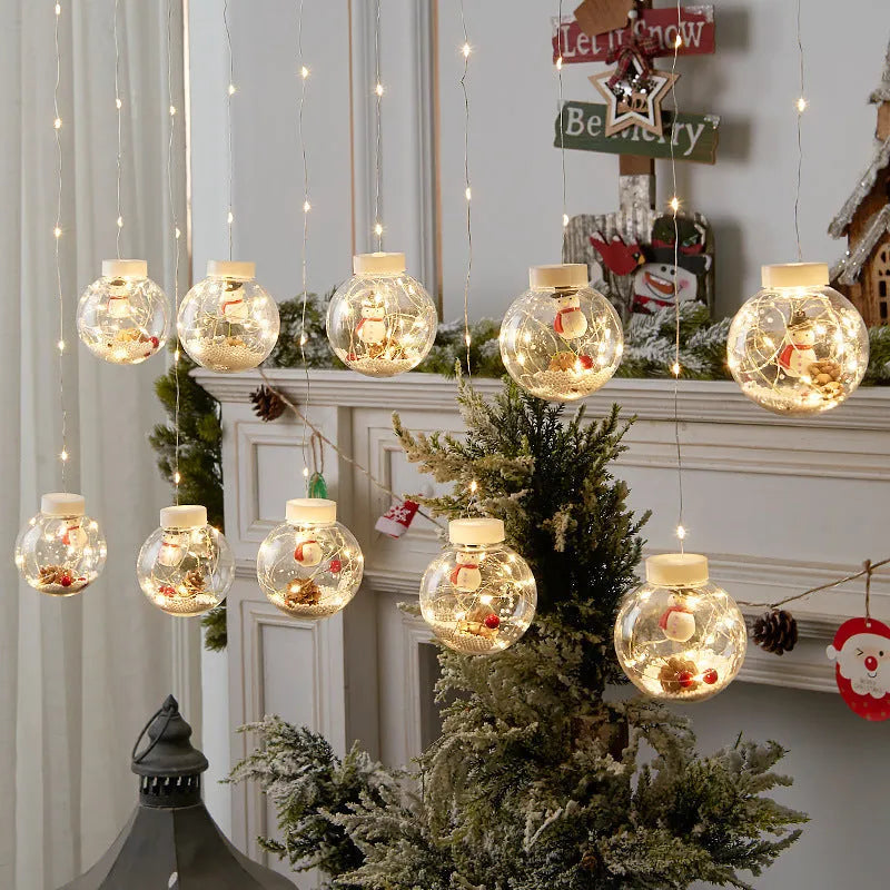 LED Christmas curtain lamp string with 10 fairy light ball decorations showing snowman, Christmas tree, and elder designs