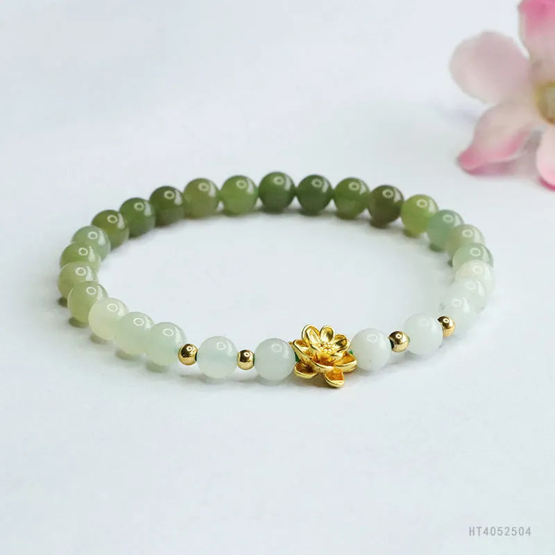 Hand-woven Hetian jade bracelet with water gradient colour and floral design