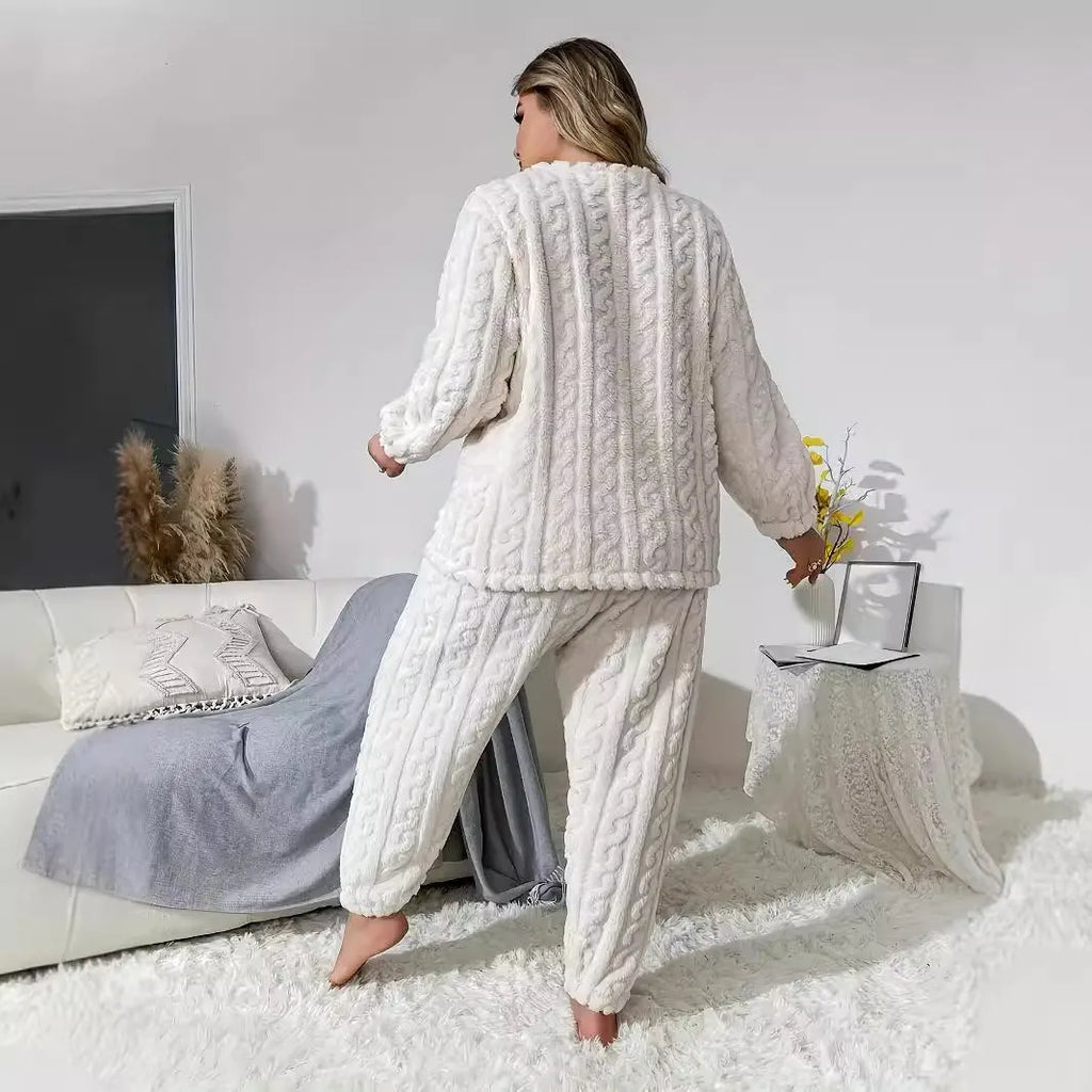 Women's creamy white polyester plush two-piece lounge suit with crewneck top and matching trousers