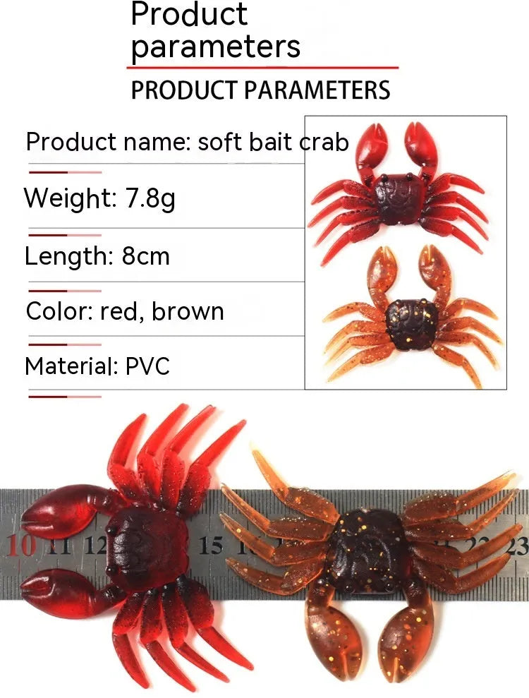 Red and brown 8cm long PVC soft plastic crab fishing lure on a white background.